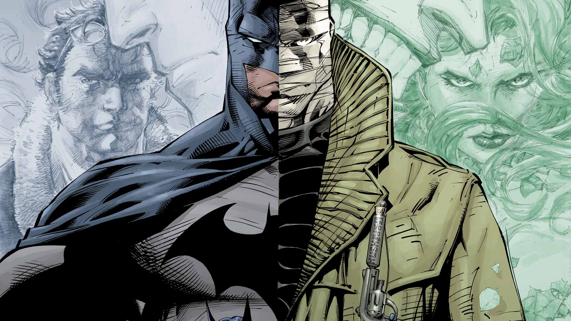 Split-image comic art featuring Batman on the left and a masked vigilante with a revolver on the right, with sketch-style portraits of Bruce Wayne and Poison Ivy in the background.