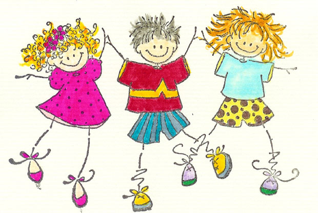 Three cheerful cartoon children with colorful curly hair jumping joyfully, wearing bright clothes and playful shoes.