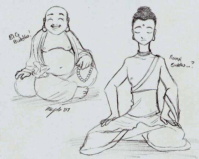 Sketch comparing a jovial, rotund "Big Buddha" with a serene, slender "Normal Buddha" in meditative poses.