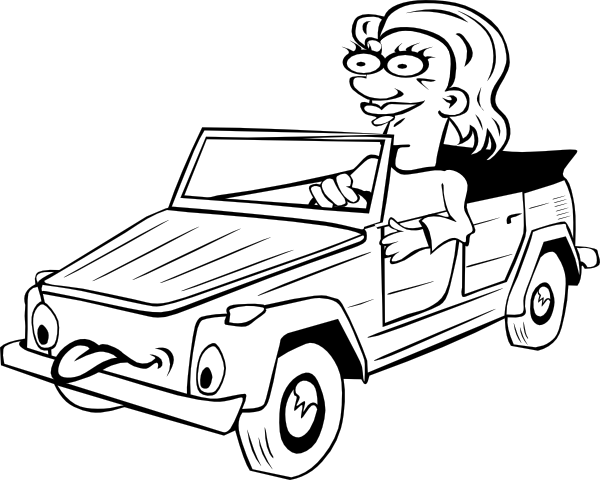 Fun Cartoon Illustration of a Woman Driving a Smiling Jeep