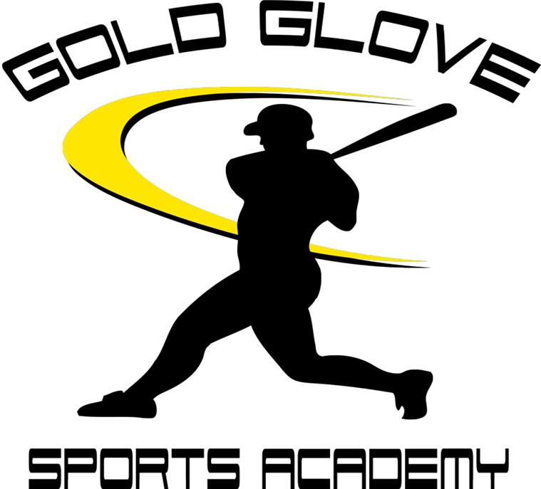 Gold Glove Sports Academy logo featuring a black silhouette of a baseball batter swinging, with a yellow motion arc and bold text.