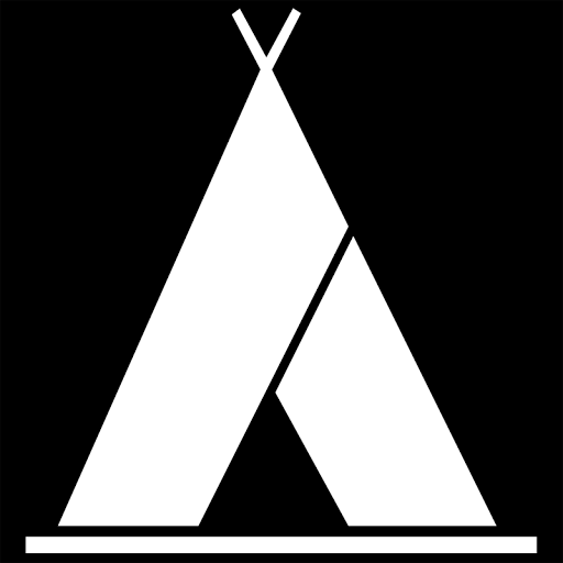 White minimalist teepee icon on black background, representing camping or outdoor shelter.