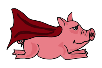 A pink cartoon pig in a red superhero cape, crouching heroically with a confident smirk.