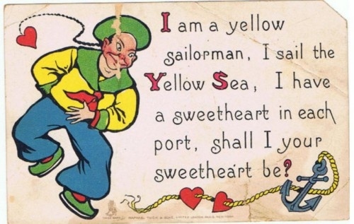 Vintage Valentine card featuring a cheerful yellow-clad sailor with hearts and an anchor, accompanied by a romantic poem.