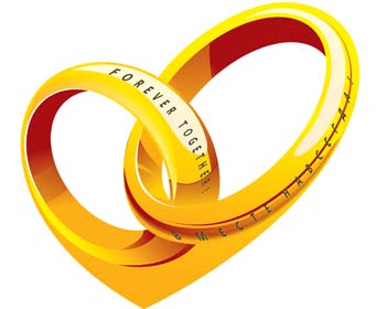 Two golden interlocking rings forming a heart shape, engraved with "FOREVER TOGETHER" and "SWEETHEART".