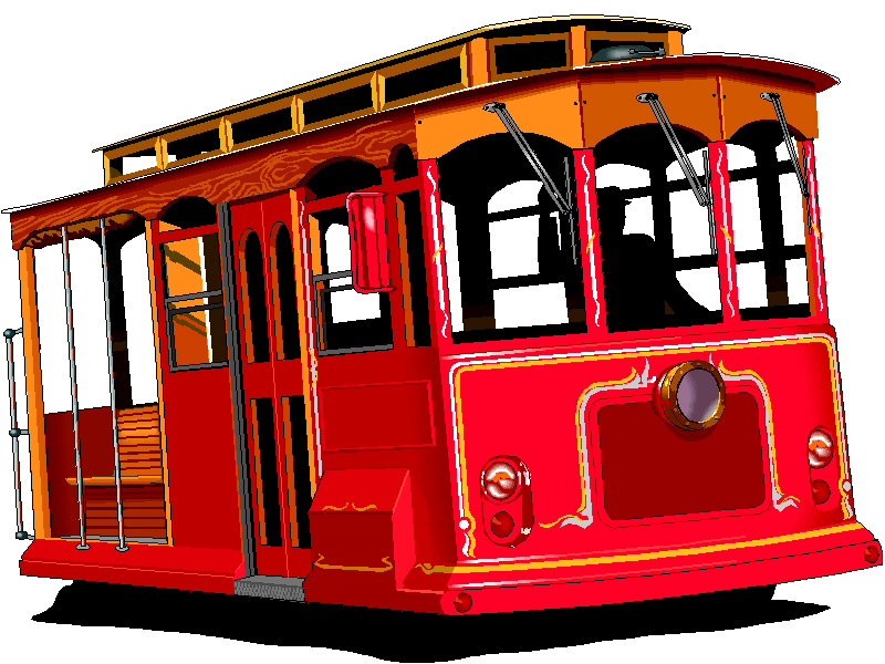 Vibrant red and orange vintage trolley car with open sides, wooden benches, and classic design details.