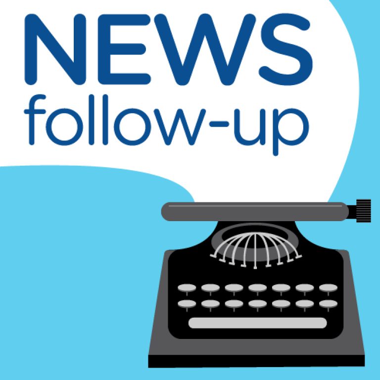Vintage typewriter with speech bubble reading "NEWS follow-up" on light blue background.