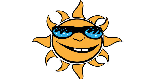 Cheerful cartoon sun wearing blue-lensed sunglasses with a wide smile and orange rays.