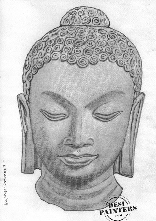 A Captivating Charcoal Sketch Print of Lord Buddha on White Background