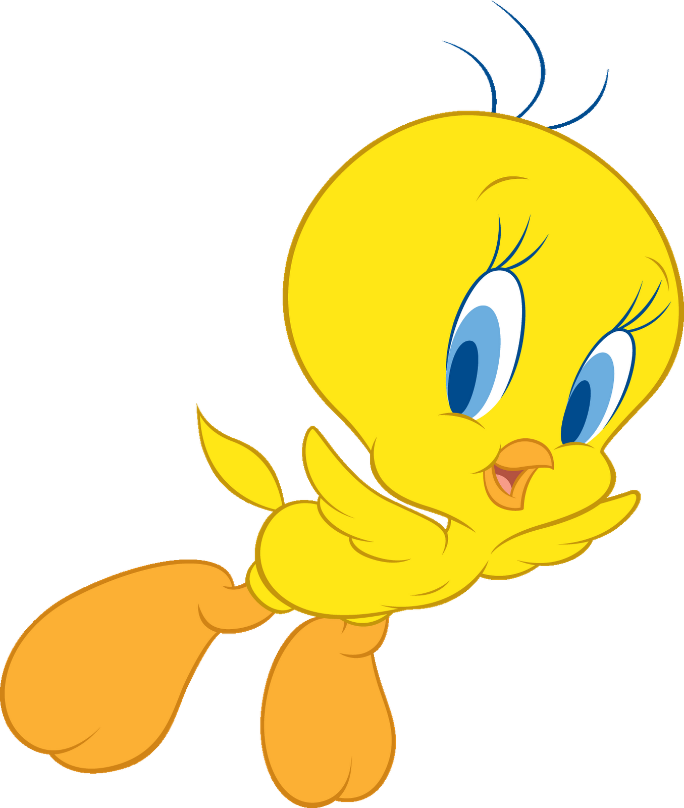 Tweety Bird, the cheerful yellow cartoon canary with blue eyes and orange feet, posed mid-flight against a black background.