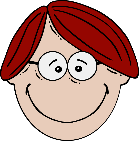 Cartoon face of a smiling person with red hair and round glasses.