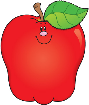 A cheerful cartoon red apple with a smiling face, pink nose, and a green leaf on top.