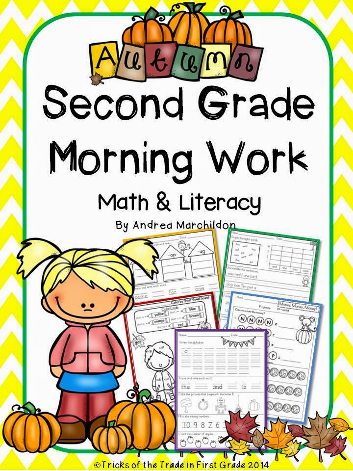 Autumn-themed second grade morning work worksheets cover with cartoon girl, pumpkins, and sample activity pages.