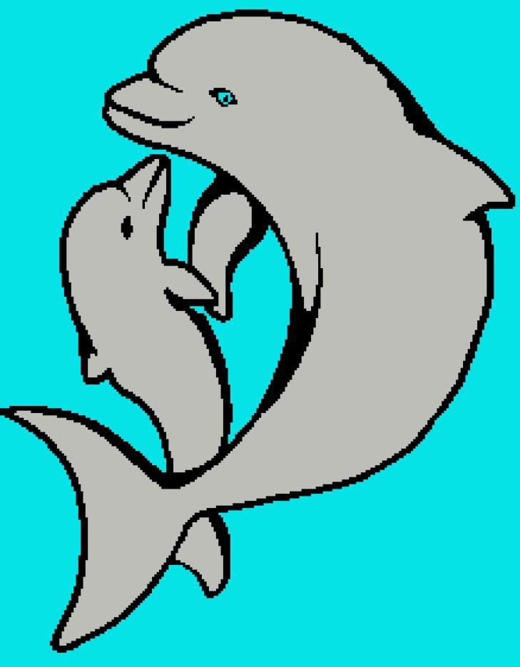 A mother dolphin and her calf swimming together in turquoise water, depicted in a stylized cartoon illustration.