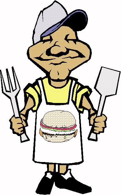 Cartoon chef with apron featuring a burger, holding a fork and spatula, smiling confidently.
