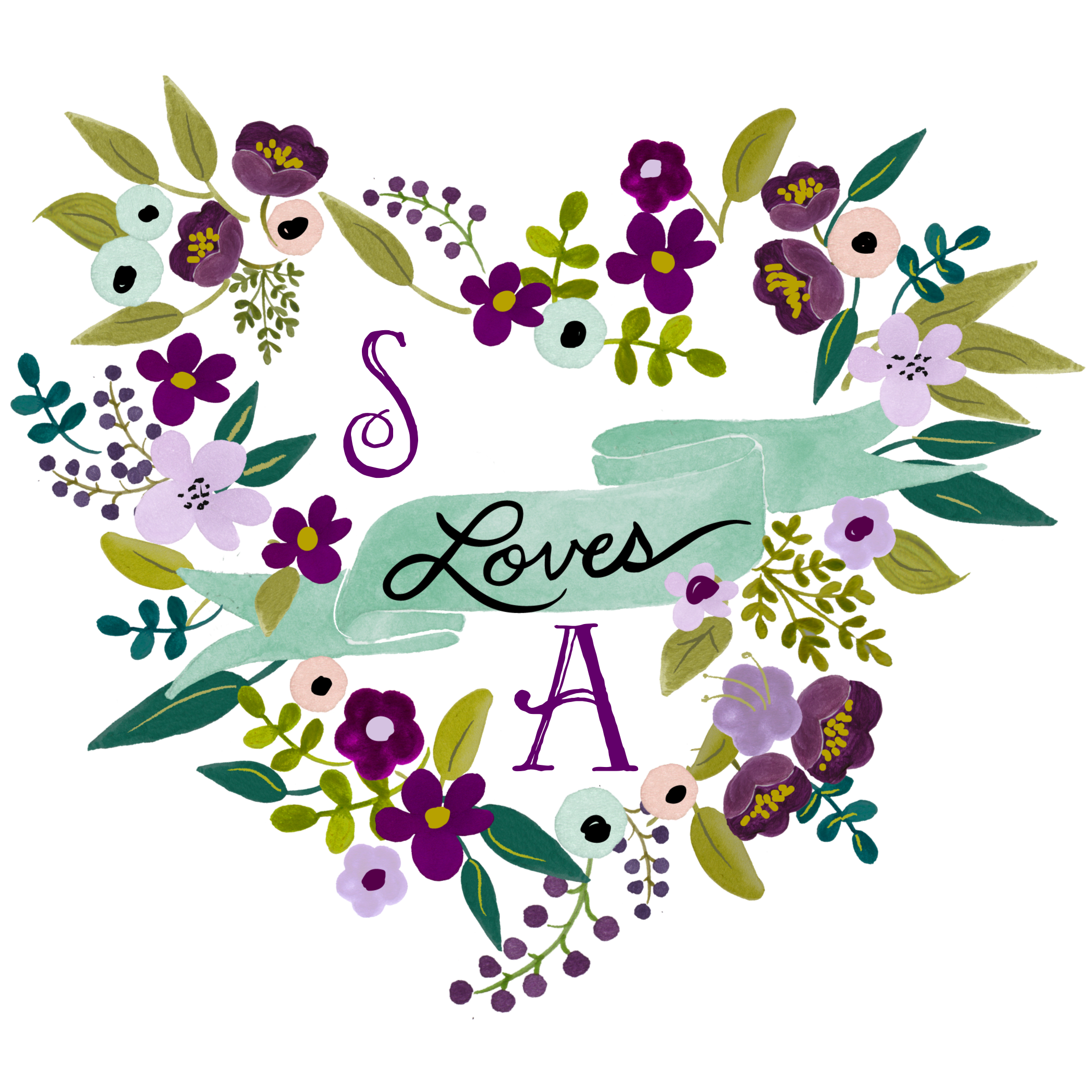 Watercolor floral wreath with purple, lavender, and mint green blooms surrounding cursive "S Loves A" on ribbon banner.