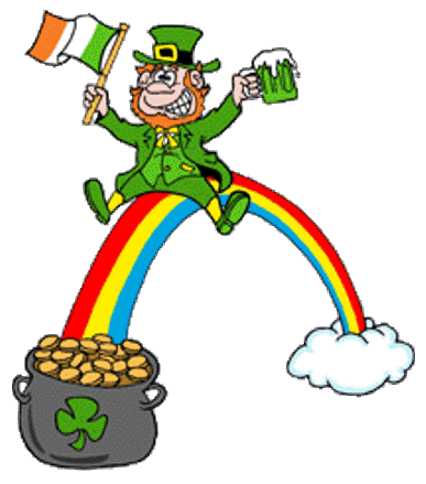 Cheerful leprechaun in green suit sits atop a rainbow, holding Irish flag and beer mug, with pot of gold below.