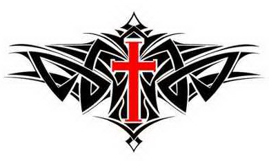 Tribal-style black and red Christian cross with symmetrical ornamental flourishes on white background.