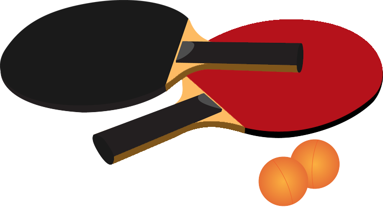Two table tennis paddles-one black, one red-with two orange balls on a wooden surface.
