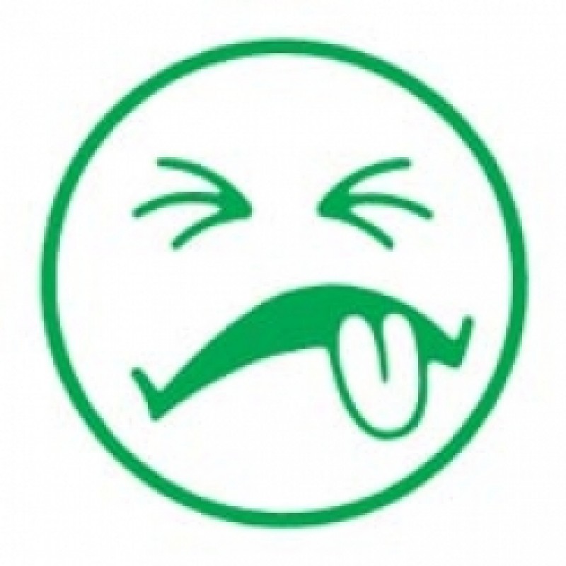 Green cartoon face with squinted eyes and tongue sticking out, expressing disgust or playful rejection.