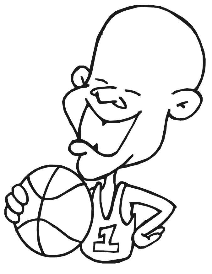 Smiling bald cartoon basketball player in jersey number 1 holding a ball, line art style.