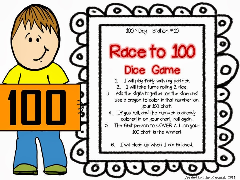 A smiling cartoon child holds an orange "100" sign beside a "Race to 100 Dice Game" instruction sheet for the 100th Day of School.