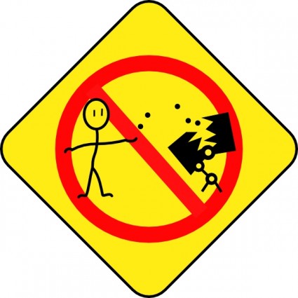 Yellow diamond warning sign showing a stick figure throwing objects at another figure, crossed out by a red prohibition circle.
