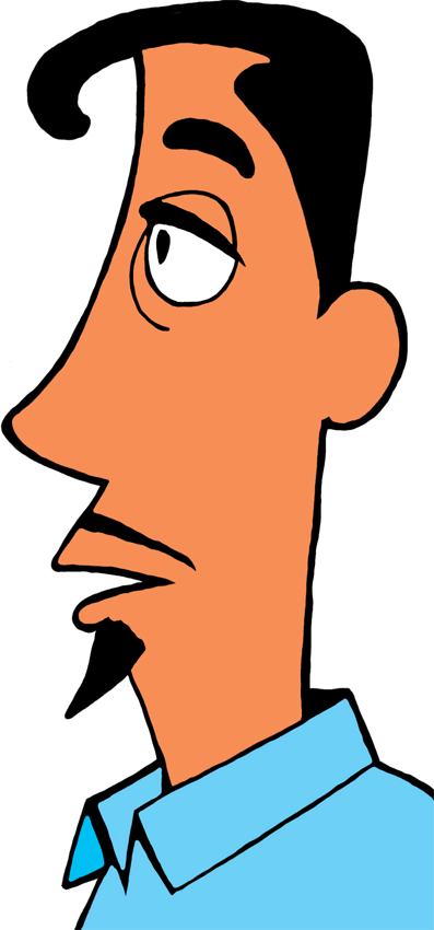 Cartoon illustration of a man in profile with skeptical expression, wearing a blue collared shirt.