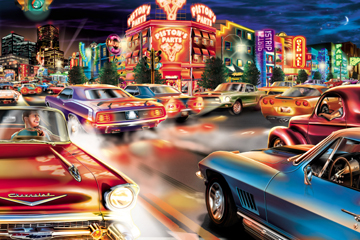 Vintage Muscle Cars in Neon Cityscape - Classic Automotive Art