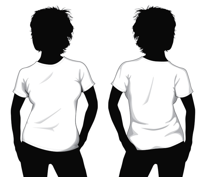 Silhouette of a person wearing a plain white t-shirt, shown from front and back views against a white background.