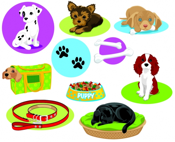 Collection of cute cartoon dogs, pet accessories, food bowl, leash, carrier, and paw prints on colorful backgrounds.