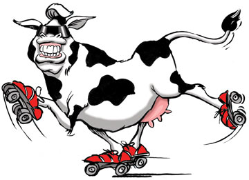 Fun Cartoon Cow on Rollerblades - Playful Farm Animal Illustration