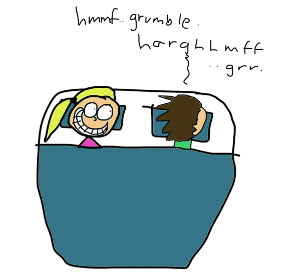 A cartoon of two people in bed: one wide-eyed and grinning, the other groggy and mumbling, illustrating mismatched sleep styles.