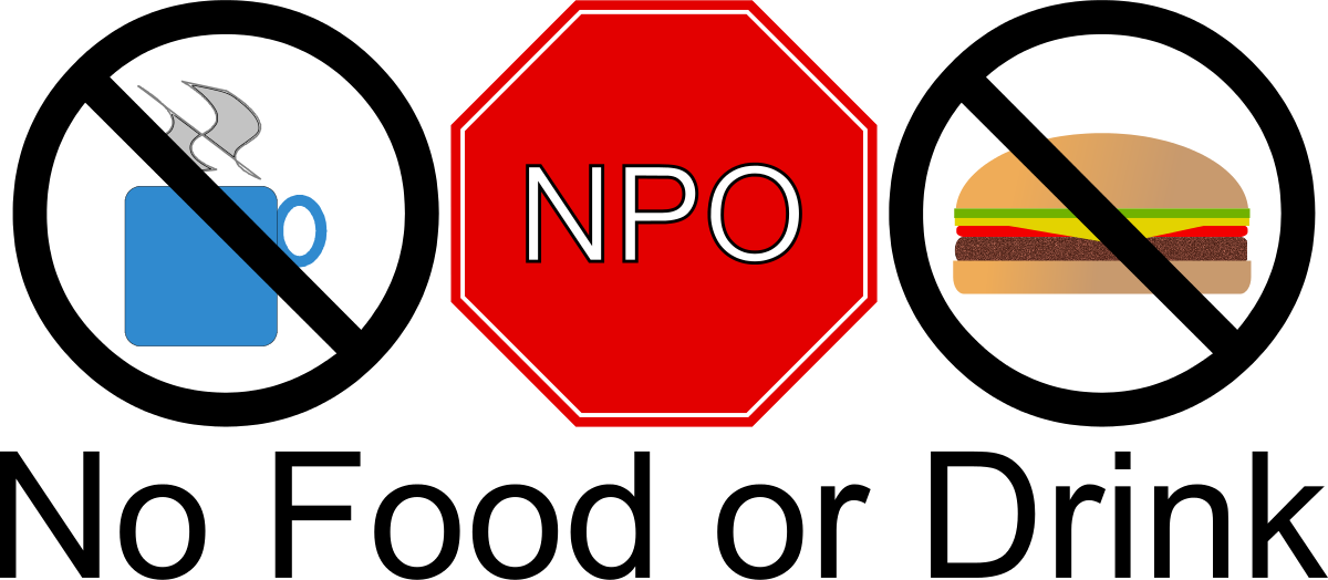 Red stop sign with "NPO" flanked by crossed-out coffee cup and hamburger, symbolizing fasting or abstinence before medical procedures.