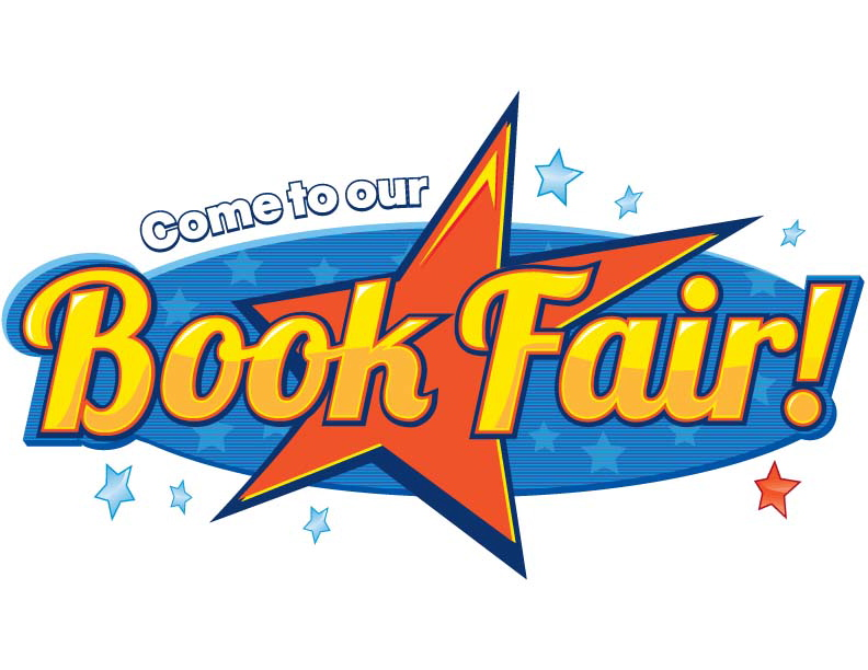 Colorful "Come to our Book Fair!" logo with starburst design and festive stars.