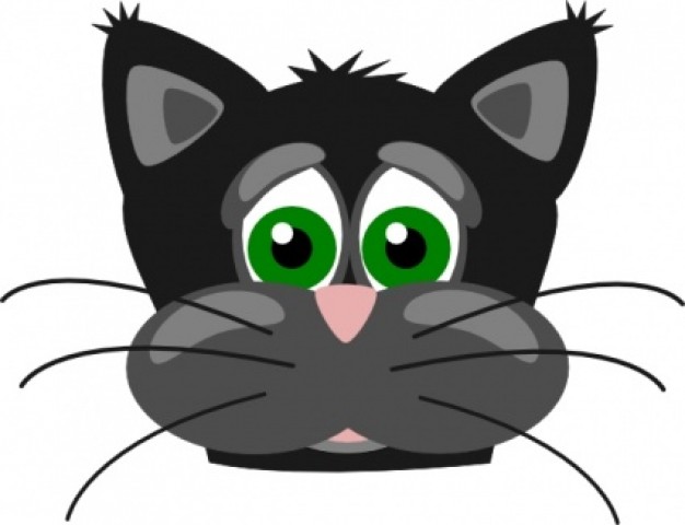Cartoon black cat with large green eyes, pink nose, and expressive whiskers on white background.