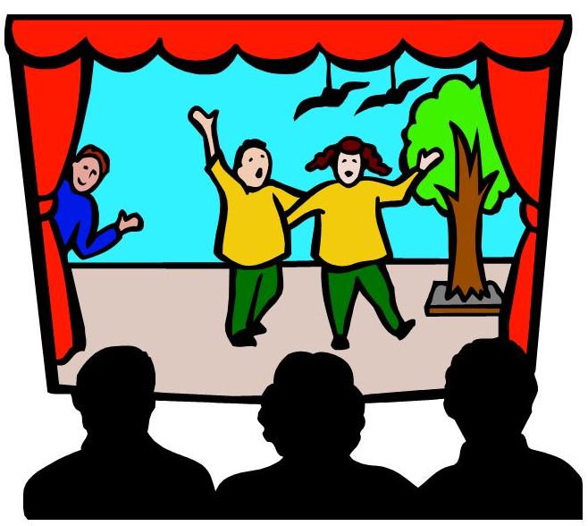 Children performing on a stage with red curtains, tree prop, and audience silhouettes watching.