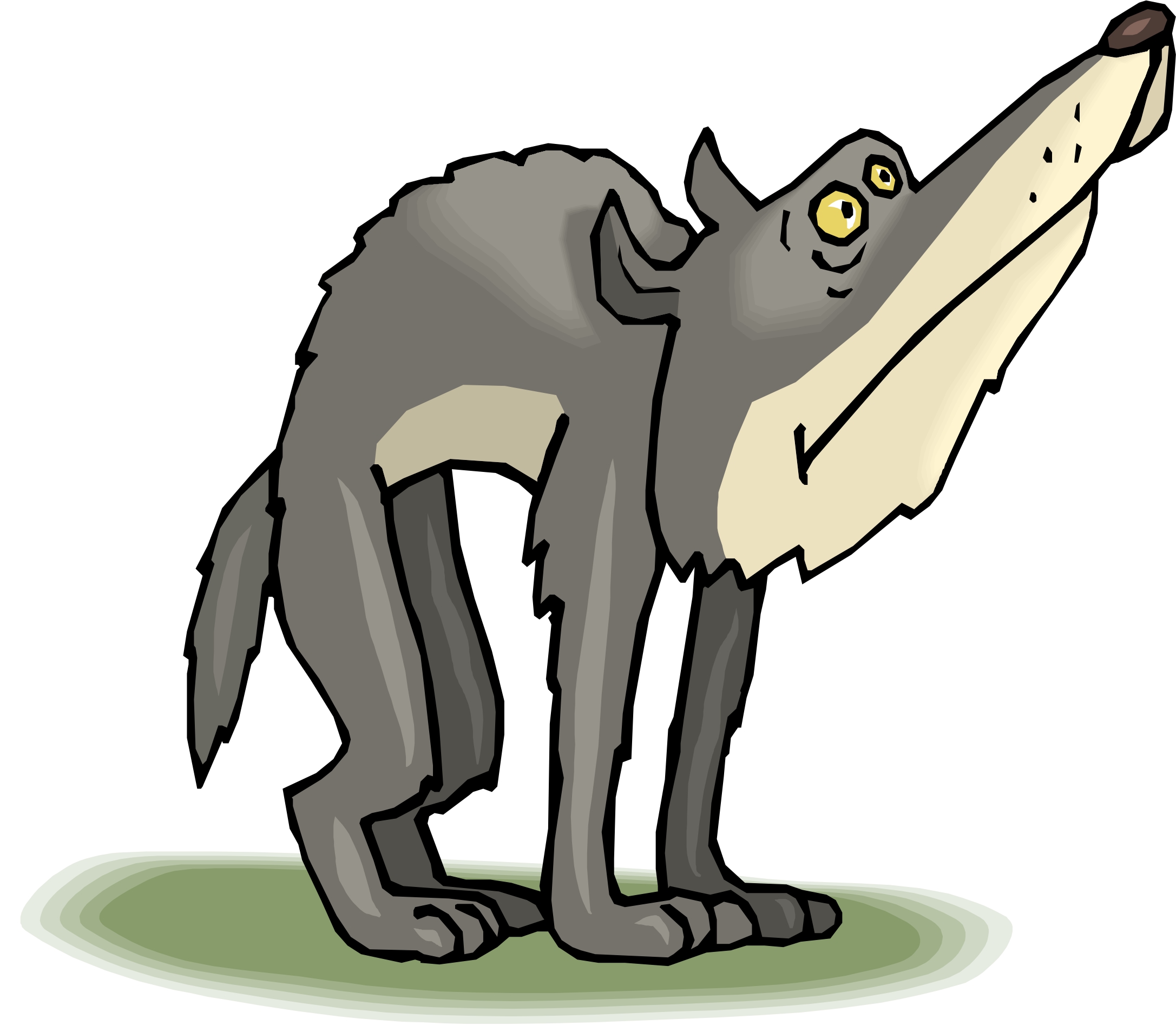 Cartoon gray wolf howling upward with yellow eyes and light underbelly, standing on green patch.