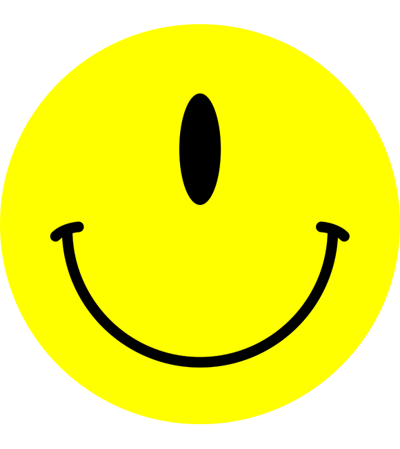Bright yellow smiley face with black oval eye and wide curved smile, conveying happiness and positivity.
