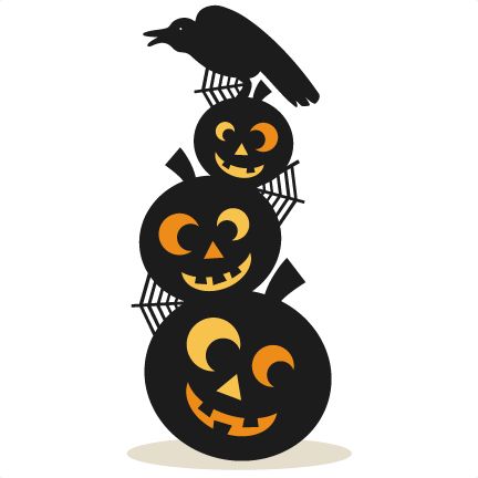 Three stacked jack-o'-lanterns with a crow perched on top, surrounded by spiderwebs.