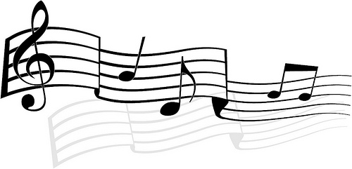 Black musical staff with treble clef and notes on white background, stylized flowing sheet music design.