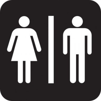 Universal restroom sign showing female and male symbols separated by a vertical line on a black background.