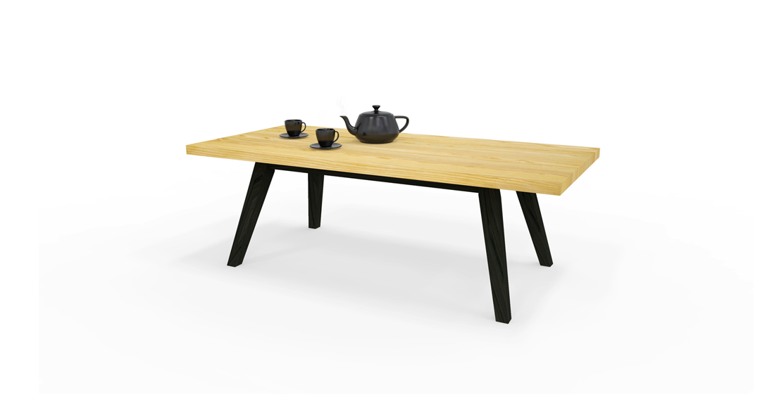 Modern minimalist coffee table with light wood top and black angled legs, styled with a teapot and two cups.