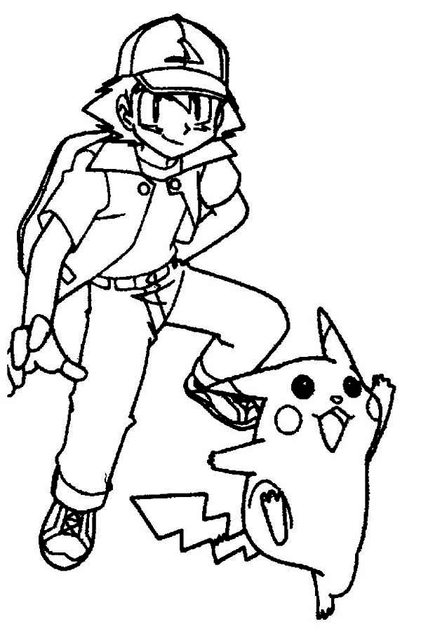 Pikachu and Ash in Ready Position Coloring Page - Free  Printable 