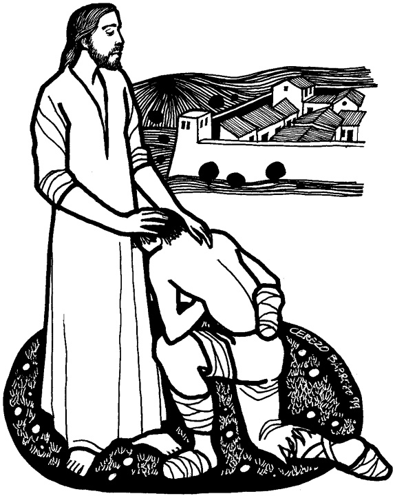Jesus healing a wounded man with bandaged limbs, set against a village backdrop in a black-and-white linocut style.