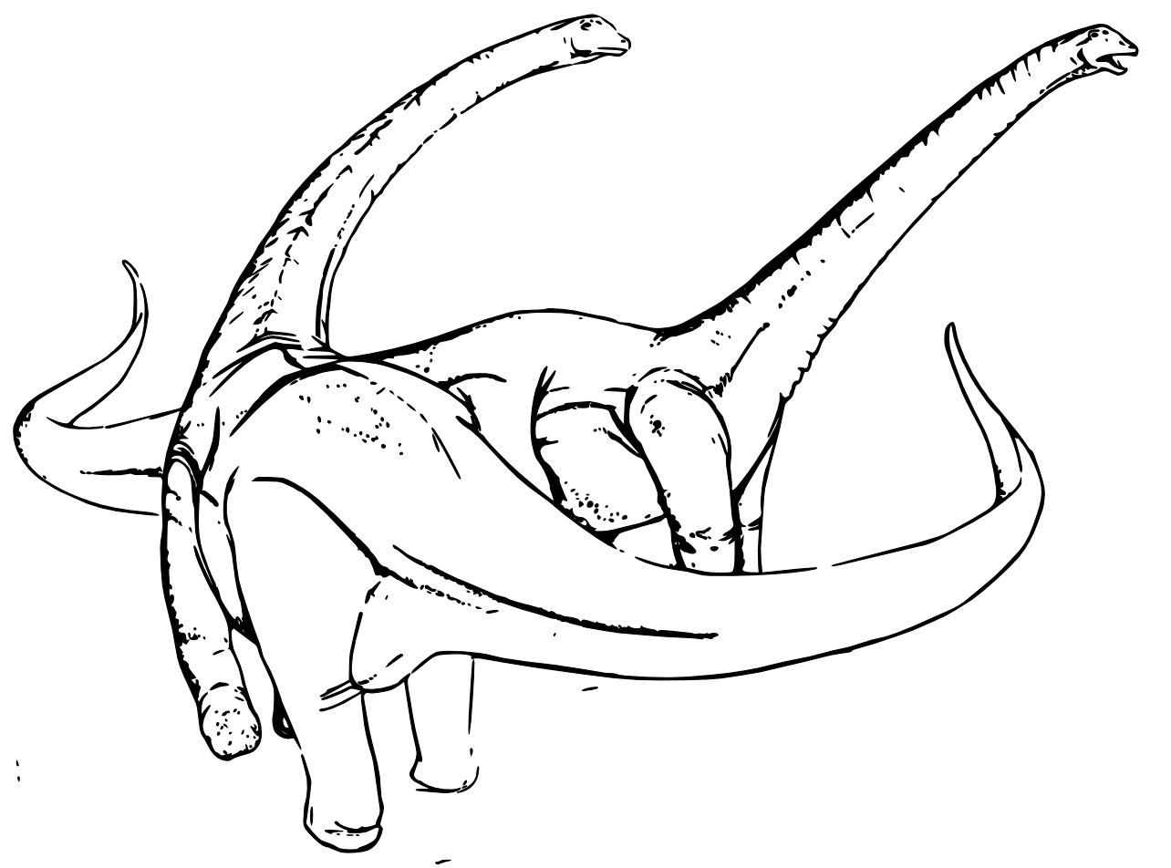 Black-and-white line drawing of two long-necked sauropod dinosaurs interacting, possibly mating or fighting, with detailed skin texture and posture.