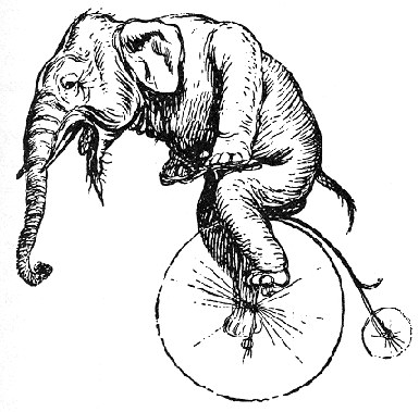 A vintage-style illustration of an elephant riding a penny-farthing bicycle, trunk raised and legs pedaling.