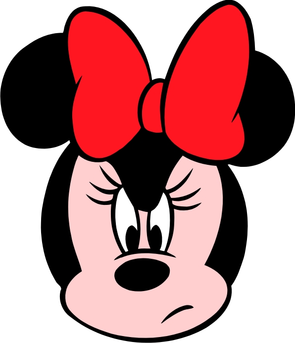 Minnie Mouse with a stern, annoyed expression, wearing her iconic red bow and black ears.