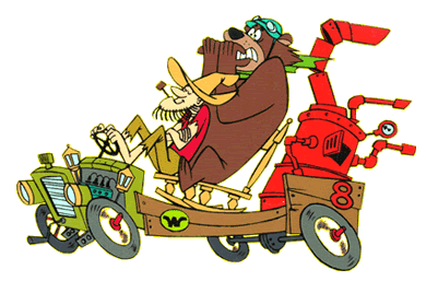 Yogi Bear and Boo-Boo race in a whimsical, custom-built green-and-red contraption with exaggerated mechanical parts.