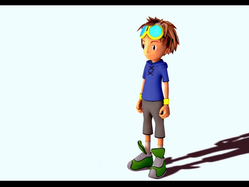 A 3D animated boy with spiky brown hair, blue goggles, a blue hoodie, gray shorts, and green sneakers standing against a light background.